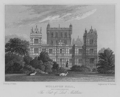 Wollaton Hall, Nottinghamshire, siedziba Lorda Middletona (grawerowanie) autorstwa John Preston Neale