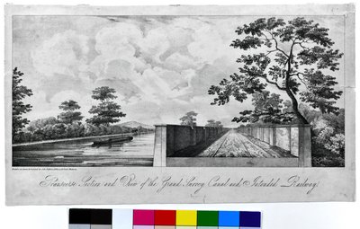 Przekrój poprzeczny i widok Wielkiego Kanału Surrey i planowanej linii kolejowej, ok. 1835 r. (litografia na papierze) autorstwa J. R. Jobbins