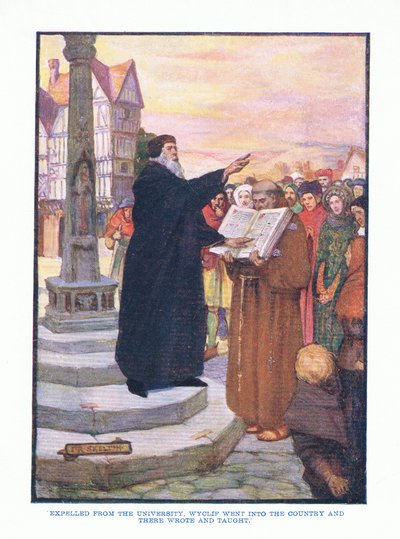 Wyrzucony z uniwersytetu, Wyclif udał się do kraju i tam pisał i nauczał, z publikacji English Literature przez TC i EC Jacka, ok.1920 autorstwa J. R. Skelton
