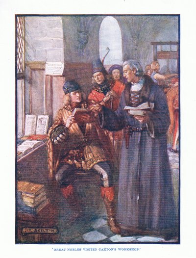 Wielcy szlachcice odwiedzili warsztat Caxtons, z publikacji literatury angielskiej, T C i EC Jack, c.1920 autorstwa J. R. Skelton