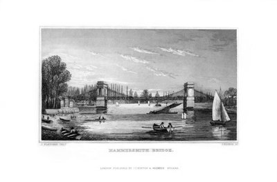 Hammersmith Bridge, Hammersmith, Londyn, 1829. autorstwa J. Rogers