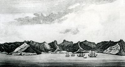 Widok na zatokę Cumberland Bay na wyspie Juan Fernandes, ok. 1745 (rycina) autorstwa J. S. Mason