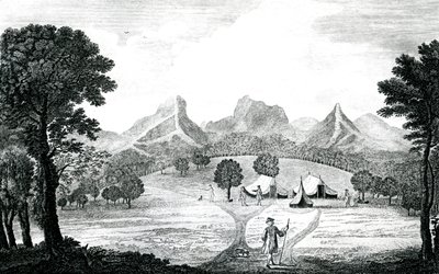 Widok namiotu Commodore na wyspie Juan Fernandes, ok. 1745 (rycina) autorstwa J. S. Mason
