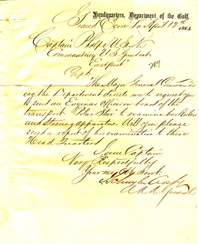 List J. Schuylera Crosby, Grand Ecore, Luizjana, do Setha Ledyarda Phelpsa, dowodzącego U. S. S. Eastport, 12 kwietnia 1864 autorstwa J. Schuyler Crosby