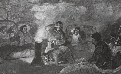 Wnętrze naszej Zimowej Chaty w Camp Clay, podczas gotowania, 1883 pub. Londyn 1886 autorstwa J. Steeple Davis