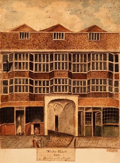 Zajazd White Hart, ulica Bishopsgate, ok. 1810 r. autorstwa J. Williams