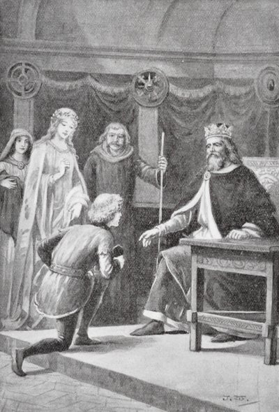 Gareth przybył, aby poprosić o drugą przysługę, aby został jednym z rycerzy króla i mógł pomóc damie (litho) autorstwa J. Williamson