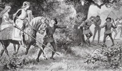 Gareth rzucił się na rabusiów i uderzył tak odważnie, że uciekli (litografia) autorstwa J. Williamson