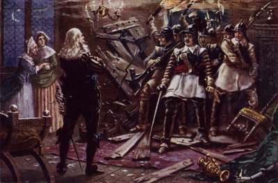 Parlamentarni żołnierze Olivera Cromwella włamujący się do domu zwolennika króla Karola I (kolor lito) autorstwa J. Williamson