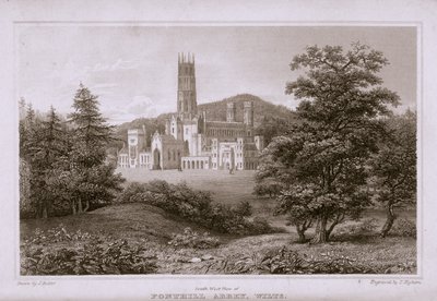 Widok południowo-zachodni opactwa Fonthill, ryty T. Higham, 1823 autorstwa J. after Rutter
