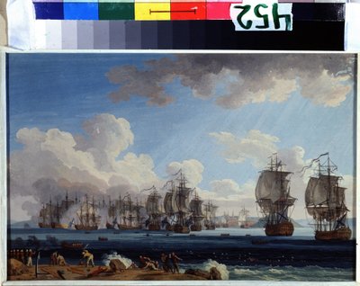 „Bitwa pod Chesmą w dniu 05.07.1770” (Bitwa morska pod Chesmą w dniu 5 lipca 1770 r.) Przeciwstawiała się flotom Rosji Katarzyny II i Imperium Osmańskiego Chios w Grecji (Rewolucja Orloffa lub Ekspedycja bracia Orloff). malowanie gwaszem autorstwa Jacob Philippe Hackert