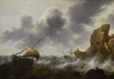 Łódź rybacka na skalistym wybrzeżu podczas sztormu z wrakiem, ok. 1664-65 (olej na płycie) autorstwa Jacob Adriaensz. Bellevois