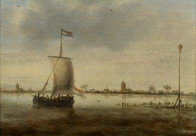 Żaglowiec wzdłuż wybrzeża holenderskiego miasta uważany za Schoonhoven autorstwa Jacob Adriaensz. Bellevois