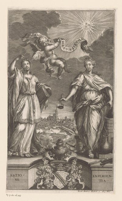 Alegoria Medycyny w Strasburgu Pharmacopoeia Argentoratensis (tytuł na przedmiocie) autorstwa Jacob Andreas Fridrich (I)