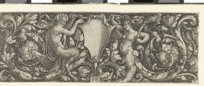 Fryz z tarczą noszony przez satyrę mężczyznę i kobietę autorstwa Jacob Binck (signed by artist)