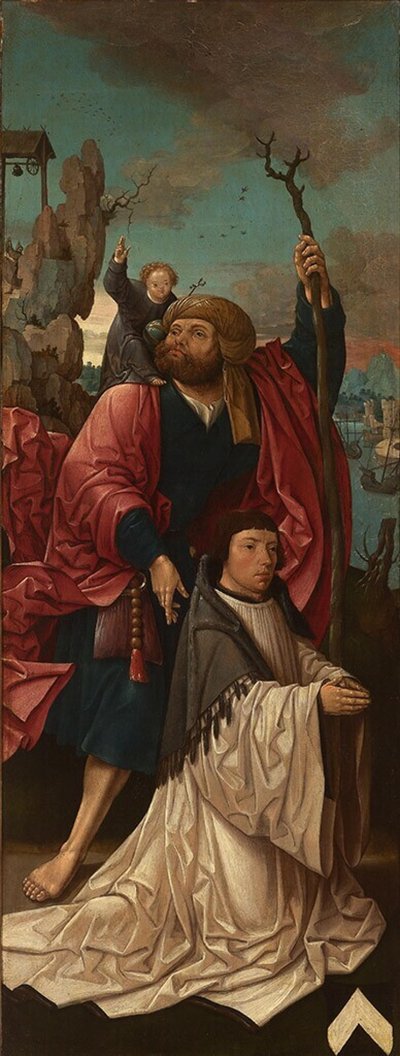 Niderlandzki: De Saint Christopher z założycielem kanonikiem Dirkiem Willemszem van Rietwijk ze świętym Krzysztofem autorstwa Jacob Cornelisz van Oostsanen