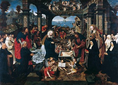 Niderlandzki: Narodzenie Pańskie z Margriet Dirck Boelensdr. i jej rodziną, św. Andrzej i św. autorstwa Jacob Cornelisz van Oostsanen