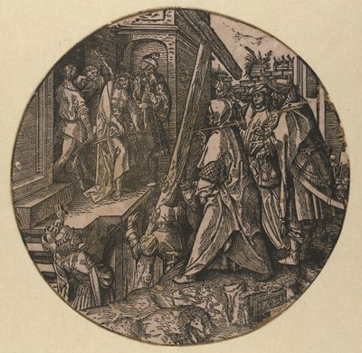 Piłat pokazuje ludziom Chrystusa (Ecce Homo) Okrągła Pasja (tytuł serii) autorstwa Jacob Cornelisz van Oostsanen