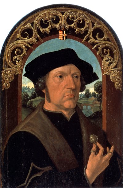 ""Portret mężczyzny"" (Portret mężczyzny) Portret mężczyzny holenderskiej burżuazji, trzymającego w dłoni srebrny klejnot. Obraz Jacoba Cornelisza van Oostsanena (około 1470-około 1533) Ermitaż w Petersburgu autorstwa Jacob Cornelisz van Oostsanen