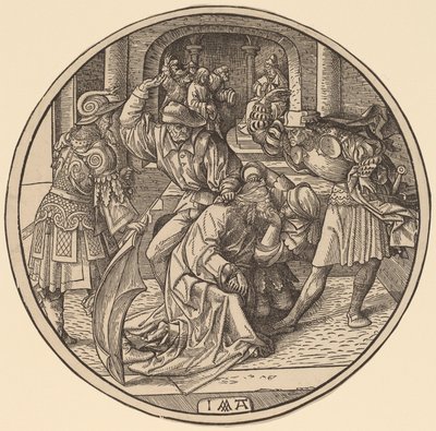 Naśmiewanie się z Chrystusa i Chrystusa przed Kajfaszem autorstwa Jacob Cornelisz van Oostsanen