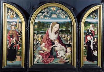 Dziewica i dziecko z aniołami tworzącymi muzykę i rodziną Sampsons-Coolen, Tryptyk, 1500-1525 autorstwa Jacob Cornelisz van Oostsanen