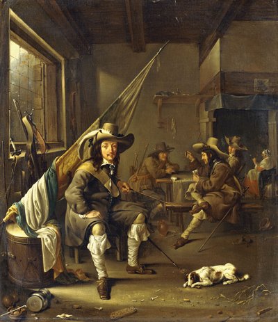 Siedzący kawaler z żołnierzami grającymi w karty, 1655 autorstwa Jacob Duck