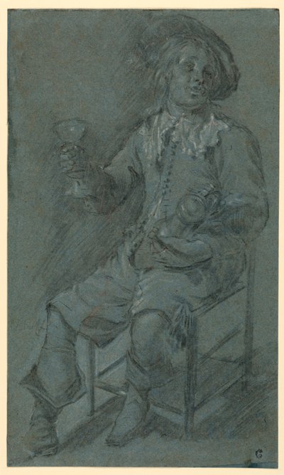 Rysunek przedstawiający siedzącego kawalera z kieliszkiem wina, 1650-60 autorstwa Jacob Duck