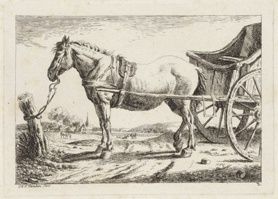Koń stojący, zaprzęgnięty przed rydwanem Sześć odbitek według rysunków różnych mistrzów (tytuł serii) autorstwa Jacob Elias van Varelen