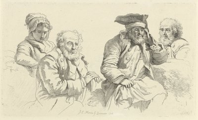 Arkusz do nauki z trzema starszymi mężczyznami i młodą kobietą Odbitki studyjne / Etiudy gravées (tytuł serii) autorstwa Jacob Ernst Marcus