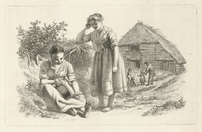 Dwie kobiety i mężczyzna z dziećmi przed stodołą Odbitki studyjne / Etiudy gravées (tytuł serii) autorstwa Jacob Ernst Marcus