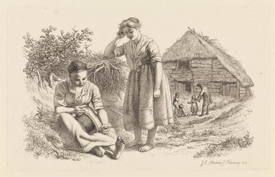 Dwie kobiety i mężczyzna z dziećmi przed stodołą Odbitki studyjne / Etiudy gravées (tytuł serii) autorstwa Jacob Ernst Marcus