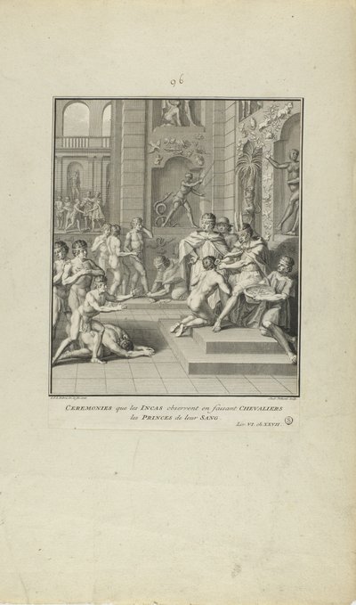 Ceremonie przestrzegane przez Inków przy tworzeniu rycerzy/książąt ich krwi (z książki Histoire des Yncas...etc.) autorstwa Jacob Folkema