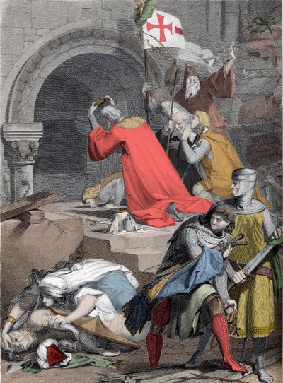 Godefroy de Bouillon (1058-1100) w Saint-Sepulcre, w 1099 - Godfrey z Bouillon przy Grobie Świętym Deiningera - autorstwa Jacob Friedrich Deininger