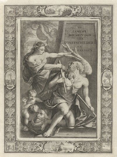 Wyobraźnia oswaja czas ojca Strona tytułowa dla: J.C. Weyermana. Opisy życia holenderskich malarzy i malarzy artystycznych, 1729 autorstwa Jacob Houbraken