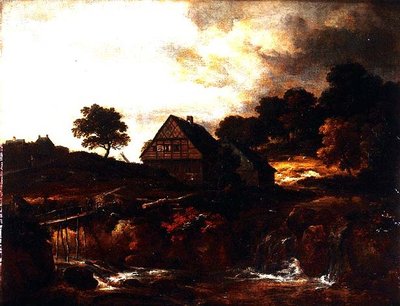 Zalesiony krajobraz z chłopem na moście nad potokiem autorstwa Jacob I. van (follower of) Ruisdael