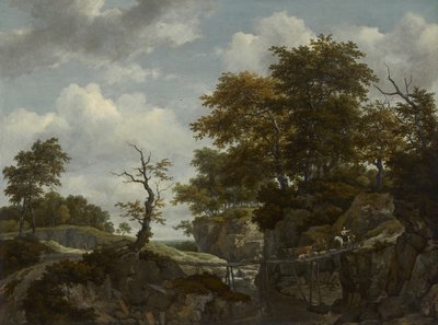Krajobraz z mostem, bydłem i figurami, ok. 1660 autorstwa Jacob van Ruisdael