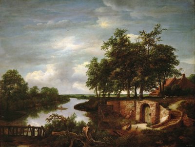 Krajobraz rzeczny z wejściem do piwnicy - Jacob Isaacksz van Ruisdael (1628/29-1682). olej na drewnie autorstwa Jacob van Ruisdael