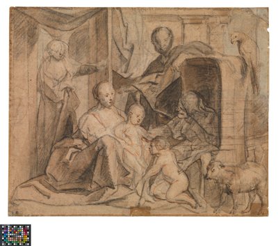 Niemiecki: Święta Rodzina z Elżbietą i św. Janem Chrzcicielem (z tyłu: drzwi, otwór drzwiowy i Hermes)
niderlandzki: De Heilige Familie met Elisabeth en de kleine Johannes (keerzijde: Deur, deuropening en Hermes) autorstwa Jacob Jordaens