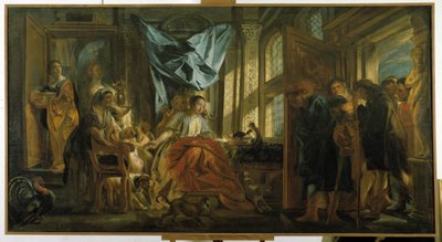 Penelopa. Żona Ulissesa czekająca na męża odrzuca zaloty swoich pretendentów i kontynuuje swój gobelin. obraz Jacoba Jordaensa (1593-1678). Musee Granet, Aix en Provence. autorstwa Jacob Jordaens