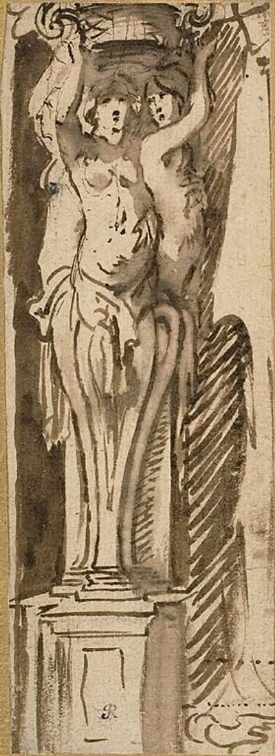 Trzy kariatydy podtrzymujące kosz autorstwa Jacob Jordaens