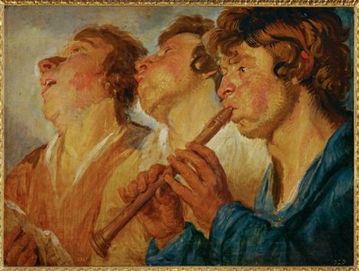 Trzech wędrownych muzyków, dwóch śpiewających, trzeci grający ... (obraz na drewnie) autorstwa Jacob Jordaens