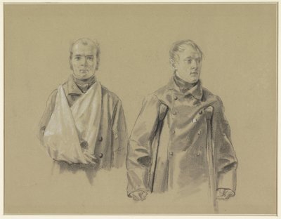 Dwóch rannych żołnierzy, lewy z ręką na temblaku, prawy o kulach autorstwa Jacob Joseph Eeckhout