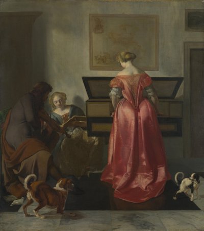 Dwie kobiety i mężczyzna tworzący muzykę, ok. 1675 autorstwa Jacob Lucasz. Ochtervelt