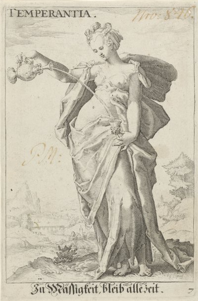 Matigheid (Wstrzemięźliwość) Umiarkowanie (tytuł na obiekcie) autorstwa Jacob Matham (attributed to)