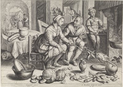Kawałek kuchenny z kurczakiem na rożnie Sceny kuchenne i targowe ze scenami biblijnymi (tytuł serii) autorstwa Jacob Matham