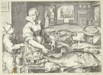 Scena kuchenna z panią w kuchni czyszczącą rybę autorstwa Jacob Matham