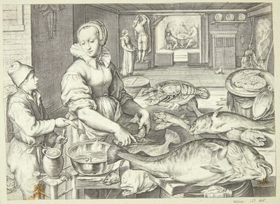 Scena kuchenna z panią w kuchni czyszczącą rybę autorstwa Jacob Matham