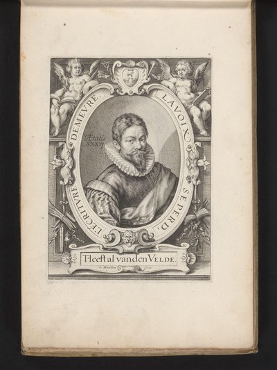 Portret Jana van den Velde w wieku 36 Lustro sztuki pisania (tytuł serii) autorstwa Jacob Matham