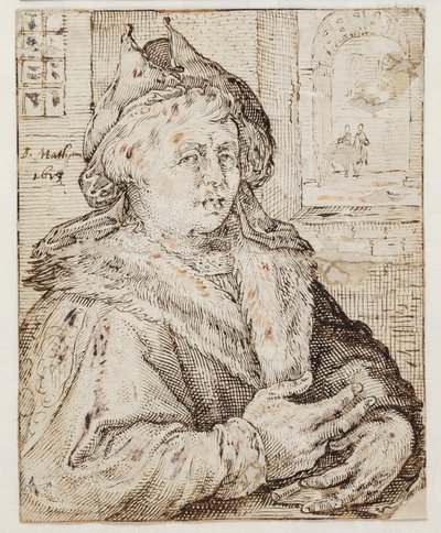 Portret mężczyzny w kapeluszu i płaszczu z futrzanym rondem, twarzą do h. T.h. przez okno otwierające się na inne pomieszczenia autorstwa Jacob Matham