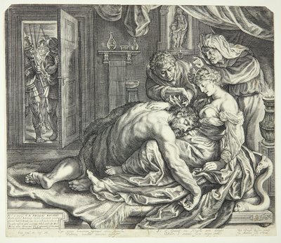 Śpiący Samson na kolanach Dalili autorstwa Jacob Matham
